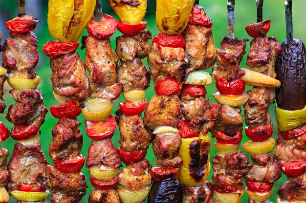 Meat with vegetables and potatoes, cooked for barbecue