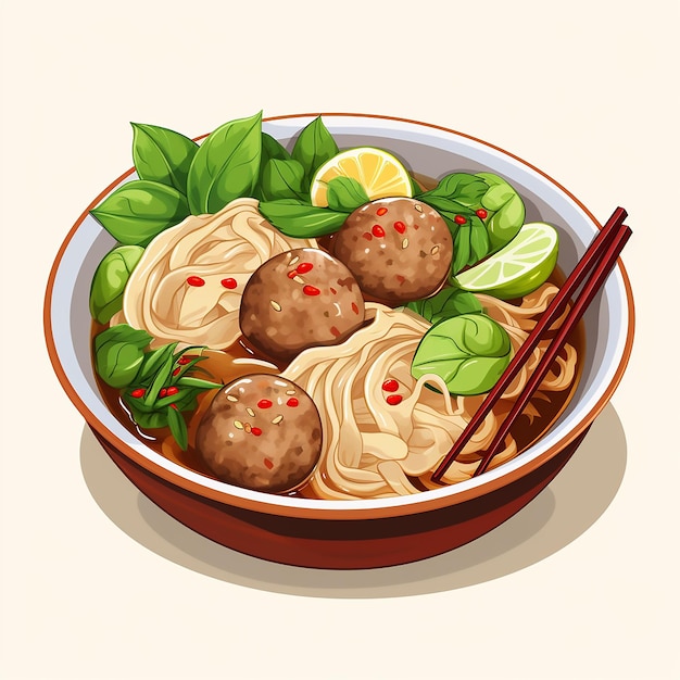 Photo meatball or bakso indonesian food with noodle and vegetable white background flat design in a bowl