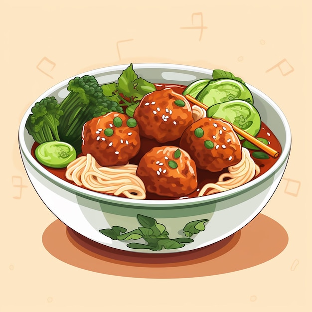 Meatball or bakso indonesian food with noodle and vegetable white background Flat design in a bowl