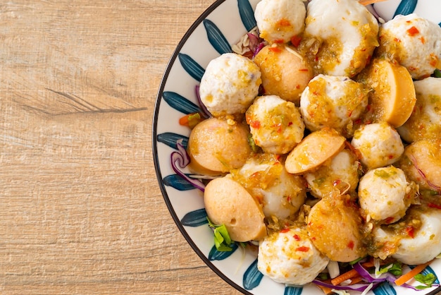 Meatball and fishball spicy salad - healthy food style