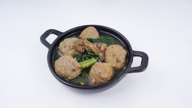 Meatball Prepared and served in a wok isolated on white background Top view