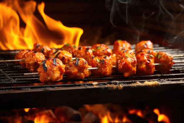 Meatball skewers sizzling on a flaming bbq grill