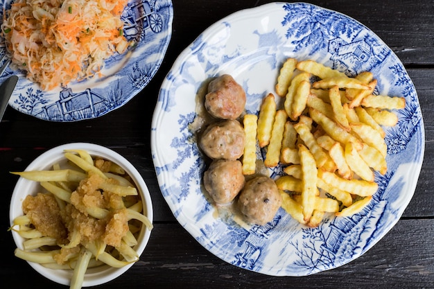 Meatballs and chips View from above