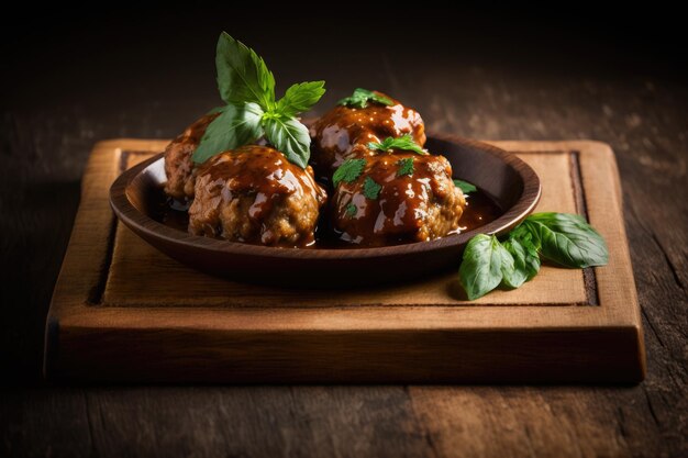 Meatballs made from glazed chicken set against a dark hardwood background