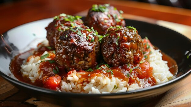 Photo meatballs served with rice in a tomatobased sauce