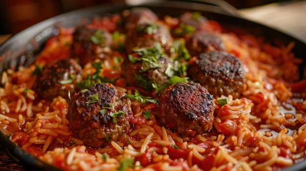 Photo meatballs served with rice in a tomatobased sauce