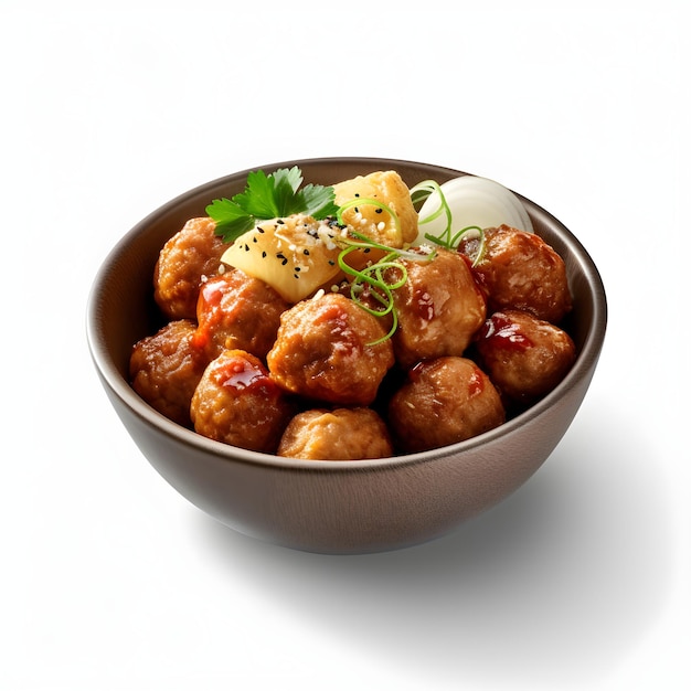 Meatballs in tomato sauce in a bowl on white background Top view