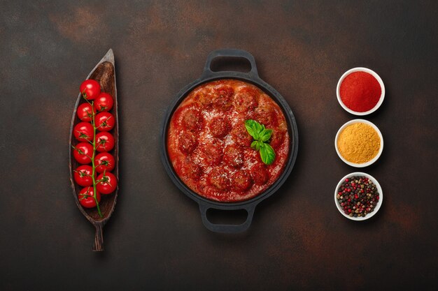 Meatballs in tomato sauce with spices, cherry tomatoes, paprika, turmeric and basil in a frying pan on rusty brown background