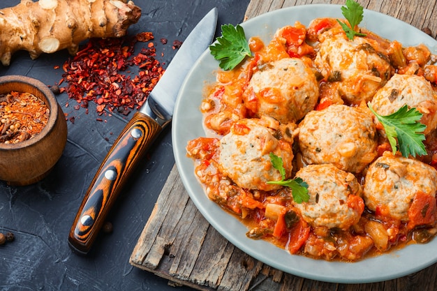 Meatballs in tomato sauce.