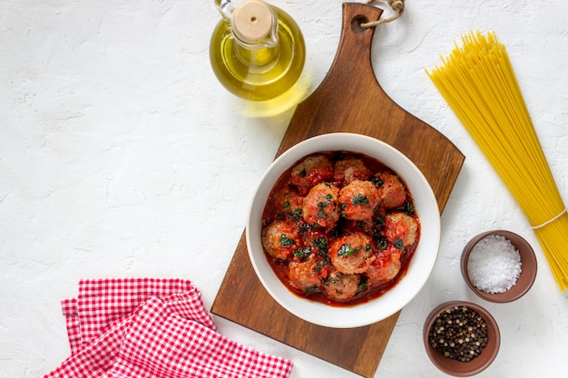 Meatballs on a white table. Traditional Italian cuisine. Recipe.