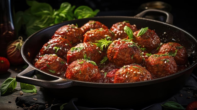 meatballs with melted tomato sauce on a bowl with a black background and blur