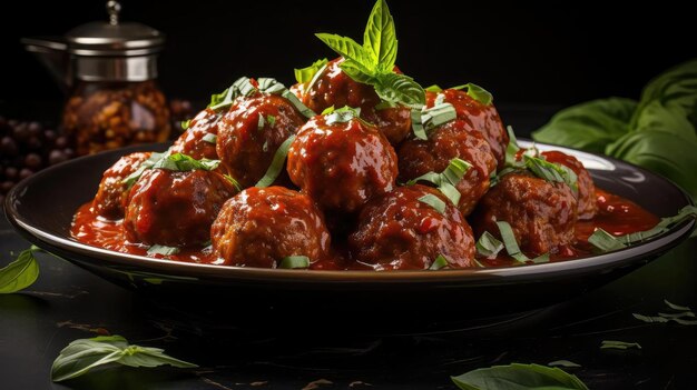 meatballs with melted tomato sauce on a bowl with a black background and blur