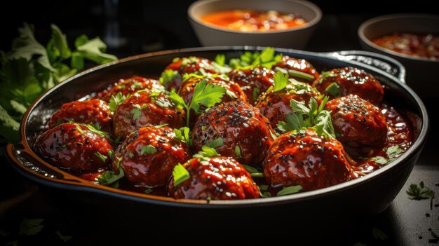 meatballs with melted tomato sauce on a bowl with a black and blur background