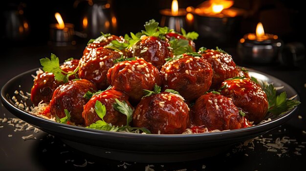 Photo meatballs with melted tomato sauce on a bowl with a black and blur background