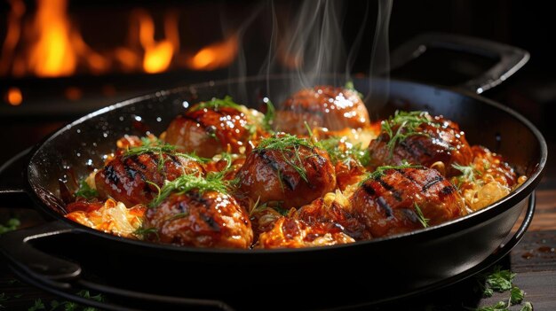 Photo meatballs with melted tomato sauce on a bowl with a black and blur background