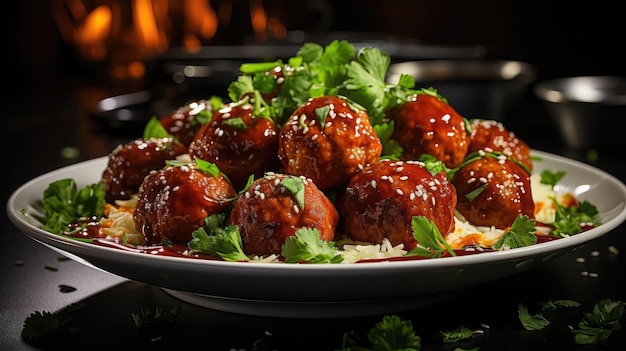 Photo meatballs with melted tomato sauce on a bowl with a black and blur background
