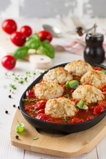 Meatballs with rice in tomato sauce