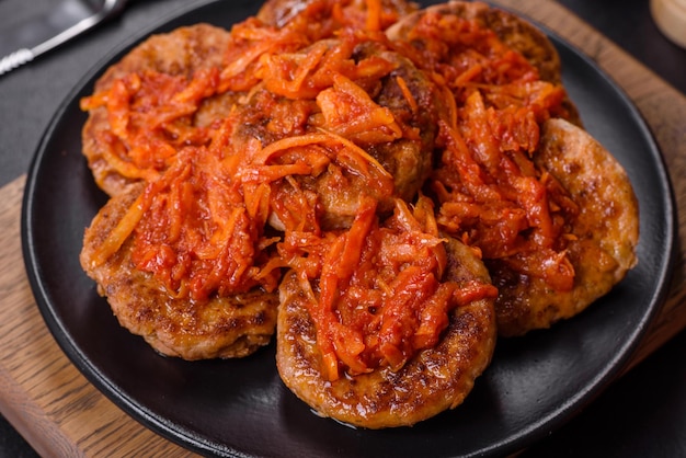 Photo meatballs with tomato sauce and herbs on the black plate