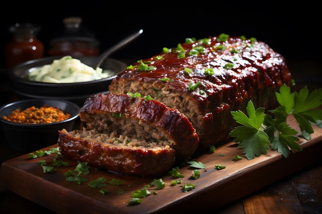 Meatloaf Ground meat mixed with other ingredients shaped into a loaf shape then baked or smoked