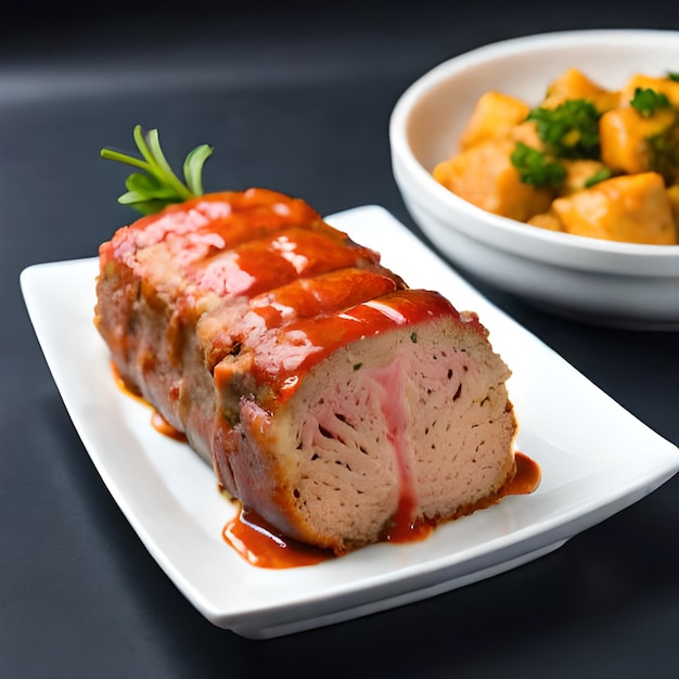 A meatloaf is on a plate next to a bowl of potatoes.