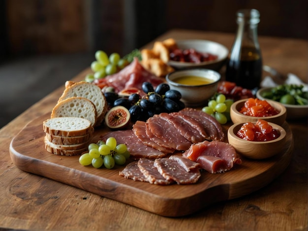 The meats are sliced paperthin and arranged artistically on the board