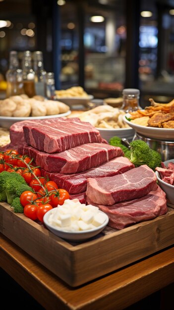 Meats at the butcher's counter including steak