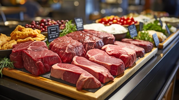 Meats at the butcher's counter including steak