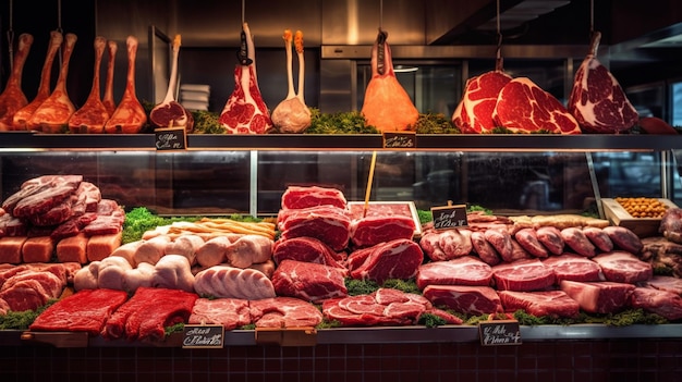 Photo meats in a butcher shop with a sign that says'meats '