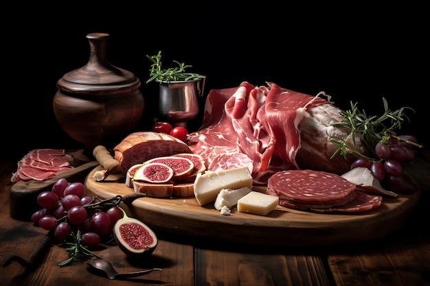 meats and ham is served on a wooden board