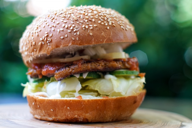 Meaty hamburger in a restaurant