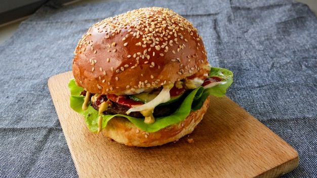 Meaty hamburger in a restaurant