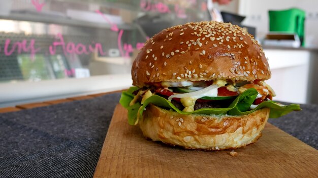 Meaty hamburger in a restaurant