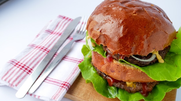 Meaty hamburger in a restaurant