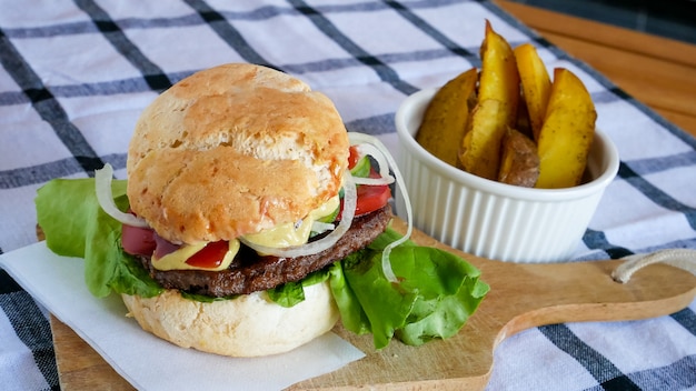 Meaty hamburger in a restaurant