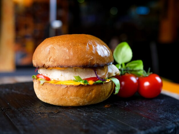 Meaty hamburger in a restaurant