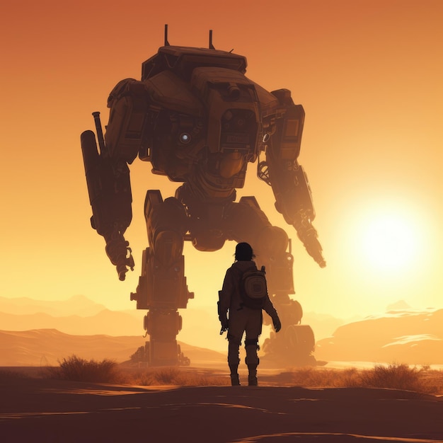 Mecha giant robot over desert at sunset created using generative ai technology