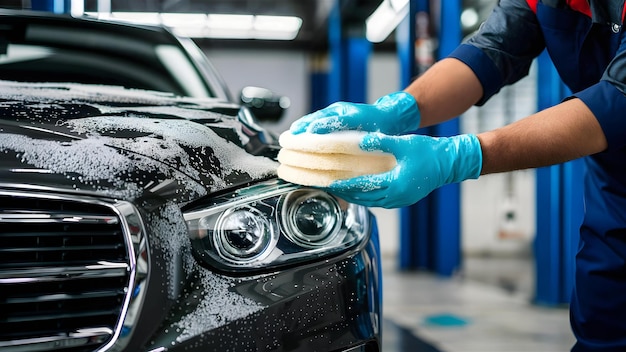 Mechanic in black gloves offering foam wash sponge to car in garage Concept Car detailing Mechanic services Automotive cleaning Garage activities Professional car care