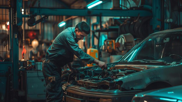 Photo a mechanic in a blue jumpsuit works on a car engine in a dimly lit garage he is holding a wrench and looking at the engine