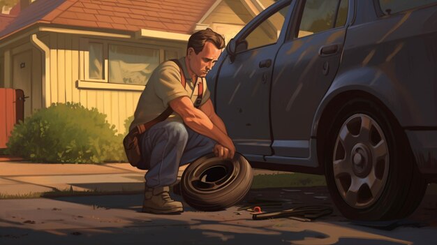 Photo a mechanic changing a tire on a quiet suburban street