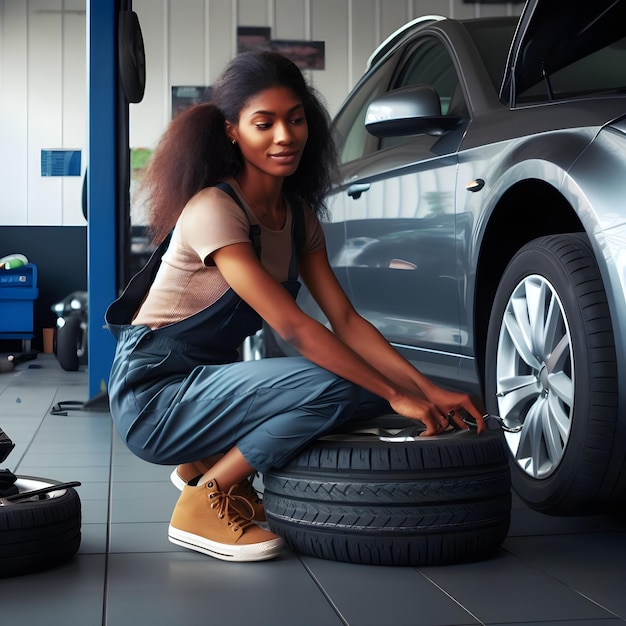 Photo mechanic changing tires in a car servicing center
