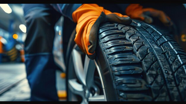 Photo mechanic changing vehicle tire in workshop