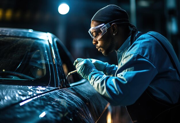 Photo mechanic checking the safety of the car servicing damaged parts in the garage maintenance repair