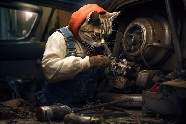 Mechanic cute cat is repairing the car