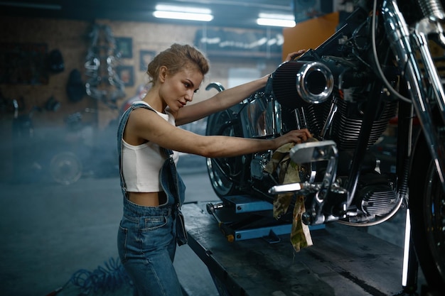 Mechanic female working at bike maintenance service. Young pretty woman repairing bike in garage