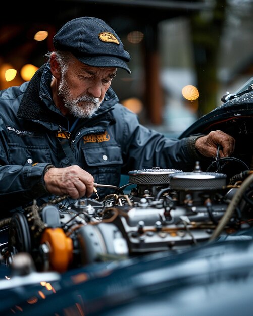 Photo a mechanic finetuning the engine classic background