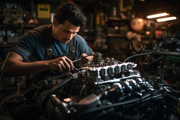 Mechanic fixing car engine in a service center with Generative AI