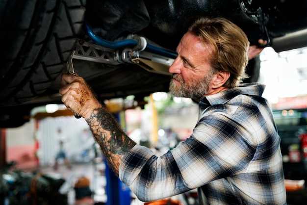 A mechanic fixing a car