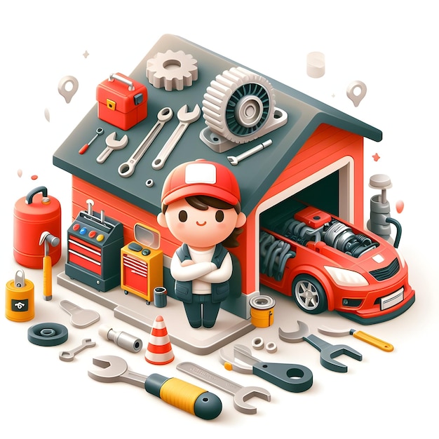 Mechanic Garage with Tools and Engines in Detail with isolated white background and cute cartoon 1