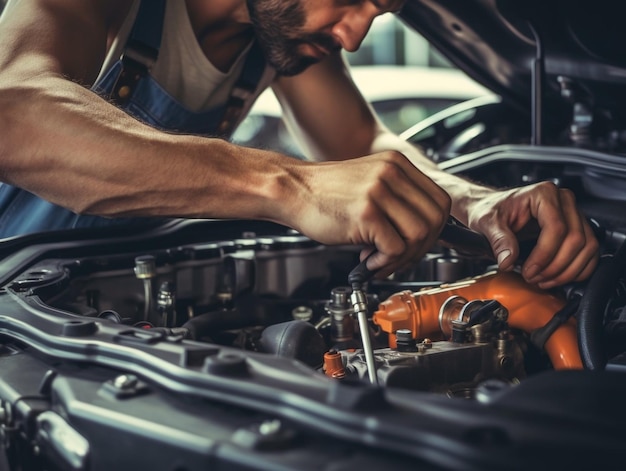 Mechanic hands checking up of serviceability of the car in open hood close up Tighte Generative AI