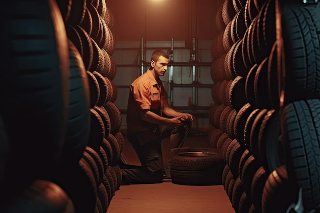 Mechanic holding tire with copy space for text repair service center